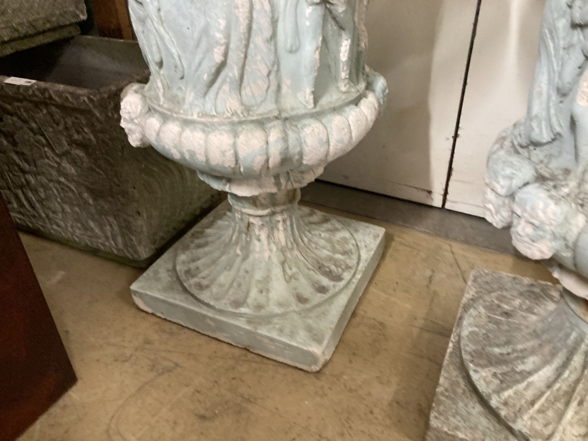 A pair of painted reconstituted stone campana garden urns, diameter 62cm, height 90cm